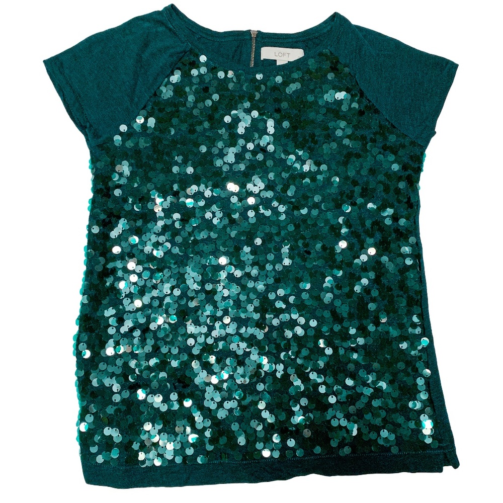 LOFT Dark Green Sequin Short Sleeve Top XS Petite